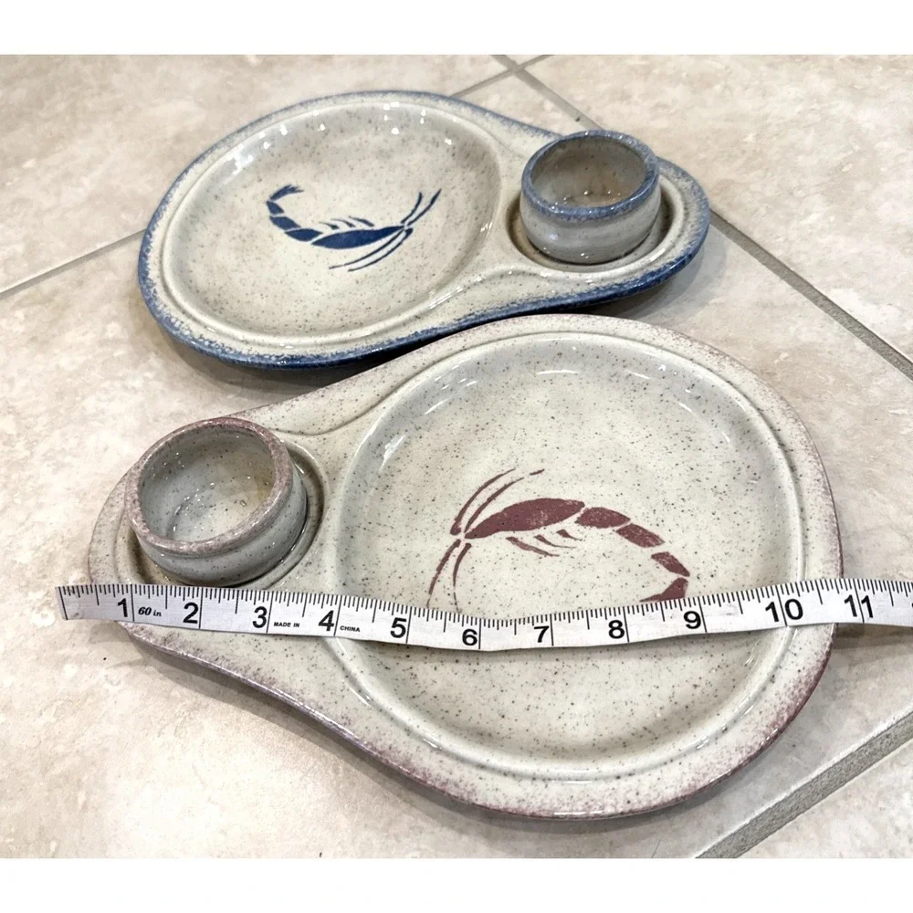 Pottery Shrimp Chip & Attached Dip Snack Platter Tray Plate Bowl Dish Nautical**